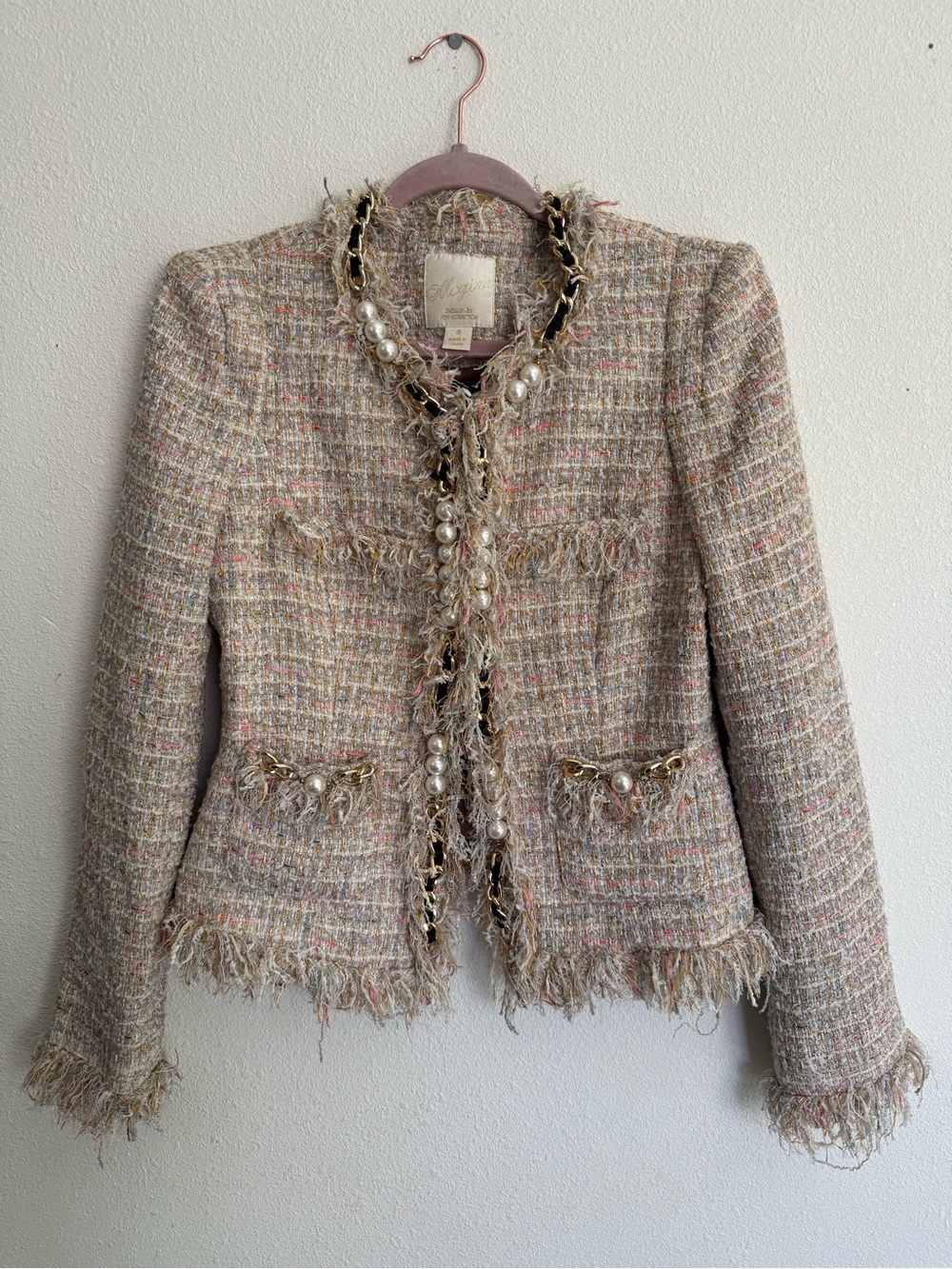 McGinn for Nordstrom Tweed Pearl Chain Fringe Jacket Blazer Size 8 Luxe Bouclé - Picture 3 of 12